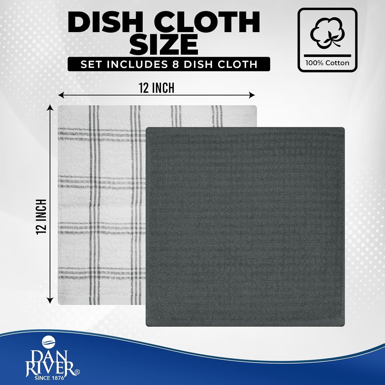 Premium Dish Cloth 100% Cotton 12 X 12 Inches |Pack of 8|-Ultra Soft Tea Towels-Highly Absorbent Kitchen Rags-Terry Dishcloth for Kitchen and Household Cleaning |Grey|