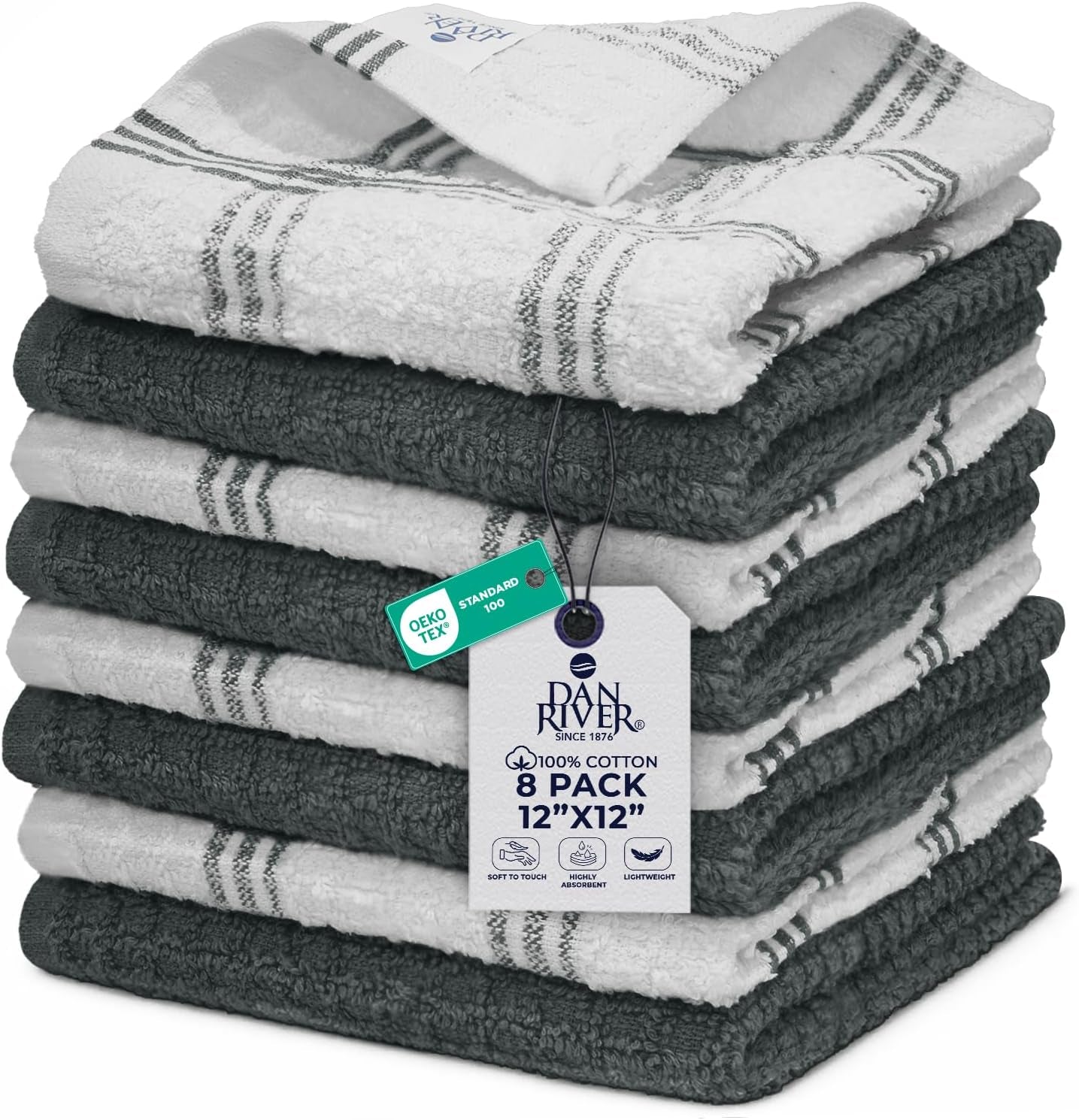 Premium Dish Cloth 100% Cotton 12 X 12 Inches |Pack of 8|-Ultra Soft Tea Towels-Highly Absorbent Kitchen Rags-Terry Dishcloth for Kitchen and Household Cleaning |Grey|