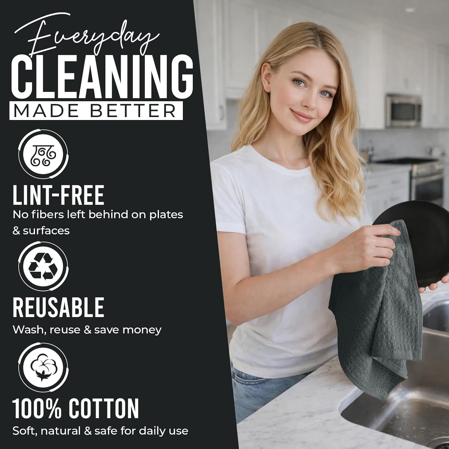 Premium Dish Cloth 100% Cotton 12 X 12 Inches |Pack of 8|-Ultra Soft Tea Towels-Highly Absorbent Kitchen Rags-Terry Dishcloth for Kitchen and Household Cleaning |Grey|